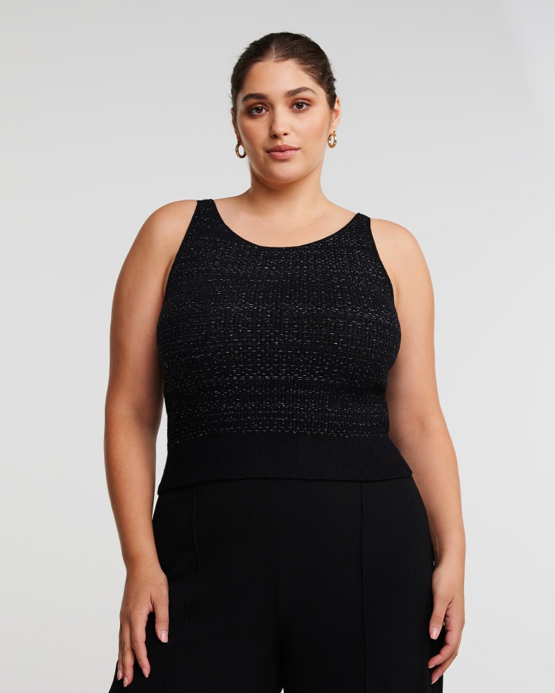 Front of a model wearing a size 16W Abbey Knit Top in Black/Silver by Estelle. | dia_product_style_image_id:315764